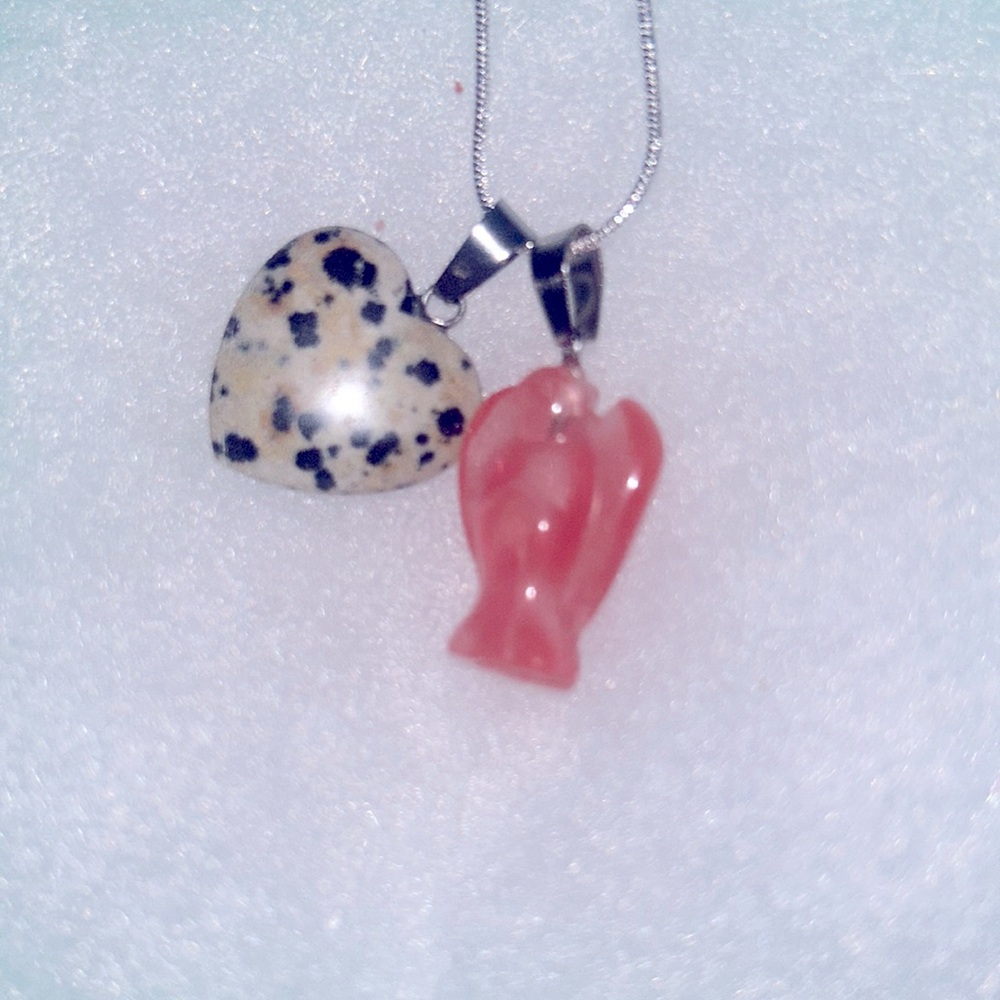 Boho Cherry Quartz Crystal Angel and Dalmatian Jasper 16” Silver Necklac…